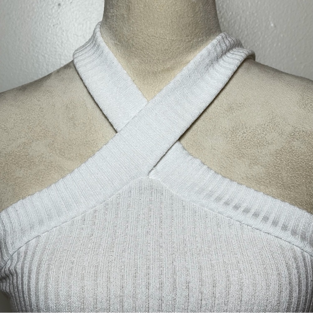 Women's SHEIN White Ribbed Criss Cross Halter Crop Top Size Small Y2K Minimalist - Picture 4 of 7